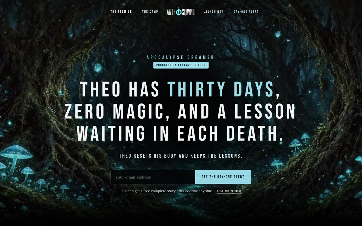 Launch page for Apocalypse Dreamer with a glowing forest and an email signup